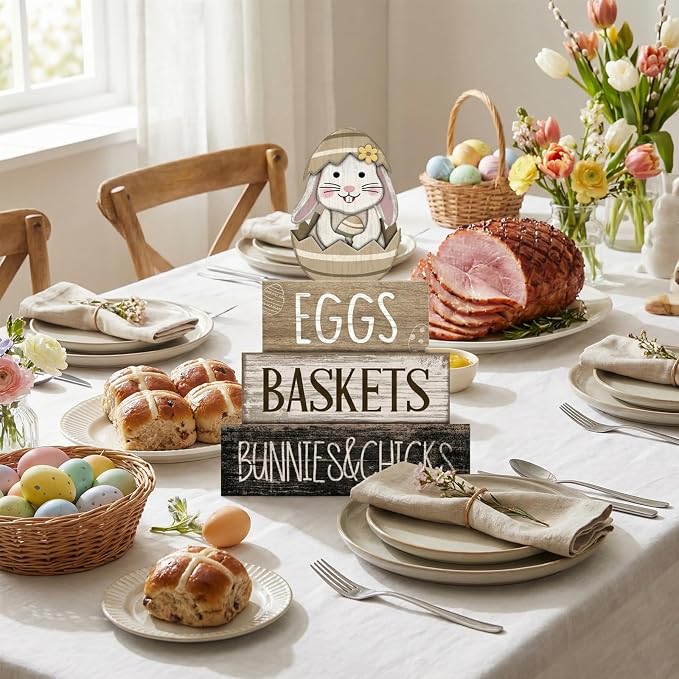 Lineshading 4 Pcs Wooden Farmhouse Tiered Tray Decor Rabbit Egg Signs | Rustic Home Decor for Shelves, Spring Easter Bunny Themed Stackable Blocks, Farmhouse Table Centerpiece Gift