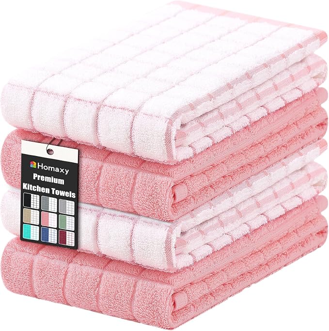 Homaxy Large Premium Cotton Kitchen Towels 16"x 28", 4 Pack, Pink | Natural Ring Spun 390 GSM Dish Towels, Super Absorbent Terry Kitchen Hand Towels, Soft Tea Towels with Hanging Loop
