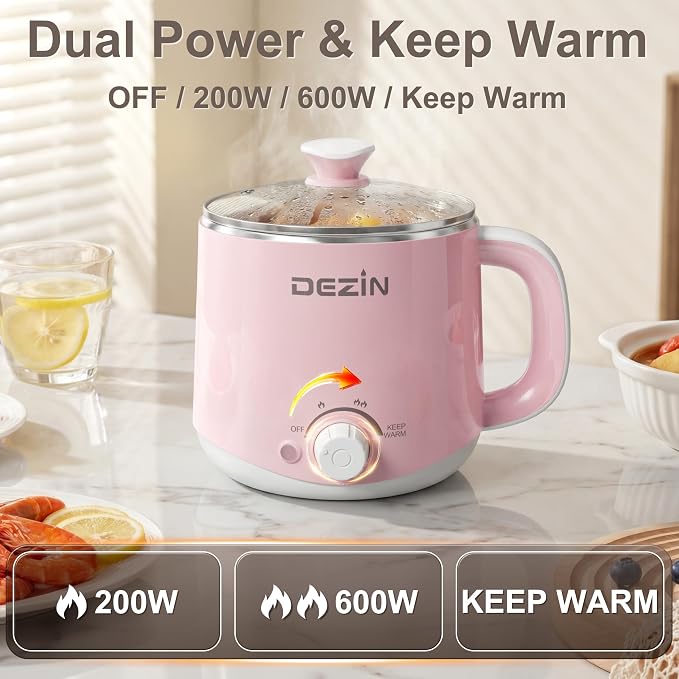 Dezin Hot Pot Electric, 1.6L Stainless Steel Ramen Cooker with Keep Warm | Rapid Noodle Cooker, Dual Temp Control, for Ramen, Egg, Pasta, Dumpling, Soup, Porridge & Oatmeal, Ideal for Dorm & Office