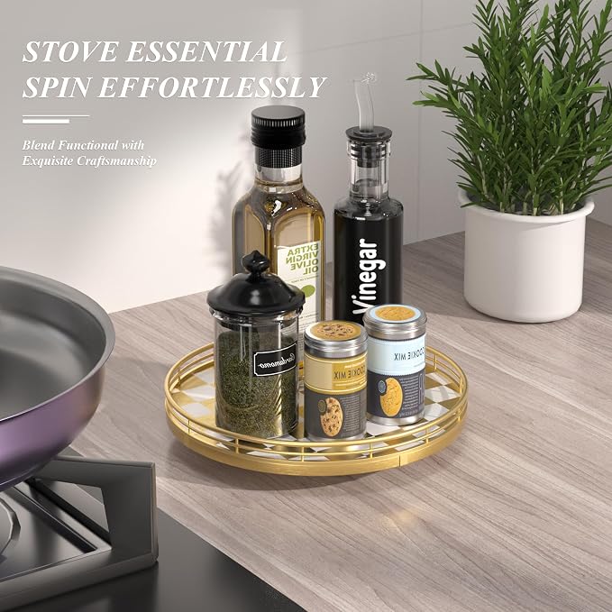 AMH 10-Inch Gold Checkerboard Lazy Susan Vanity Tray with Metal Rail | Smooth rotating oak tray with walnut finish for dining tables, kitchen counters, pantries and cabinet storage.