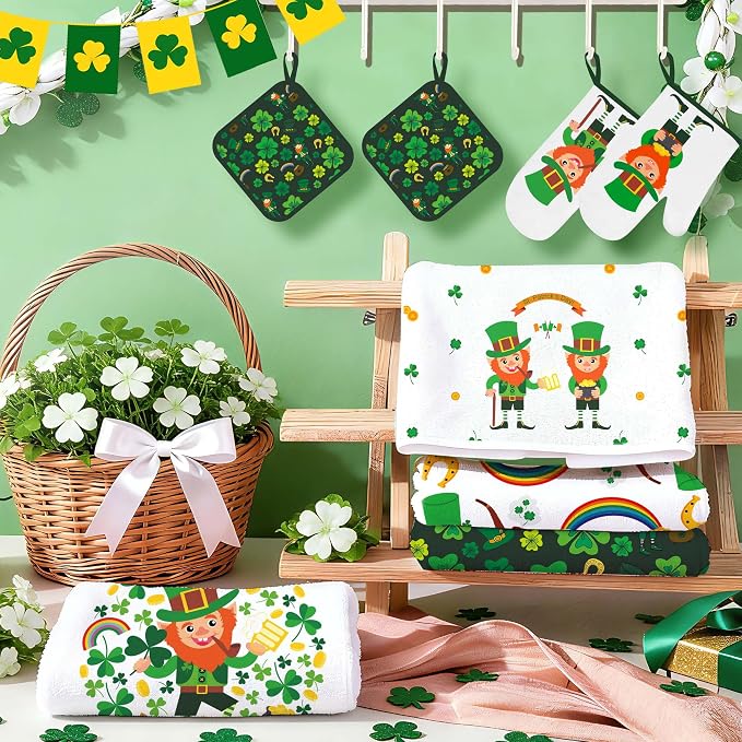 8 PCS St Green Kitchen Decor Sets Irish Leprechaun Shamrock Clover 4 Kitchen Dish Towels 2 Pot Holders 2 Oven Mitt Green Decoration Accessories for Cooking Baking Home Camp Spring