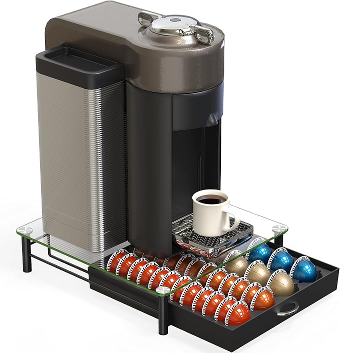 Deco Brothers Tempered Glass Vertuo Pod Holder, Fits 24 Large/48 Small Pods | Compatible with Nespresso Capsule, Black
