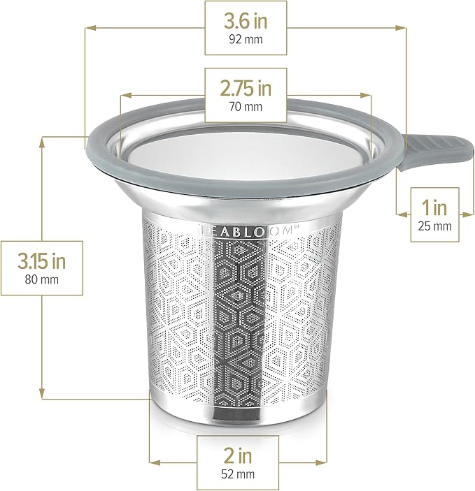 Teabloom Elegant Stainless Steel Loose Leaf Tea Infuser with Lid & Drip Tray – Extra Fine Mesh Basket for Mugs, Cups & Small Teapots – Food Grade Materials, Dishwasher Safe