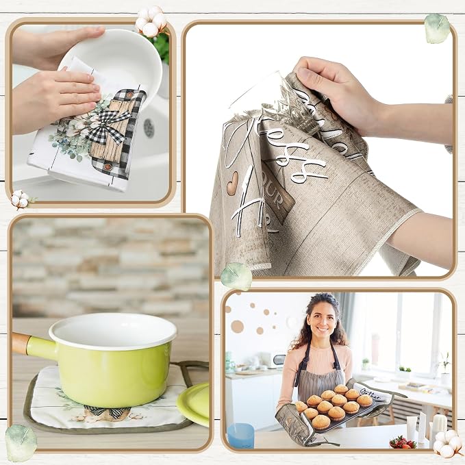 Fourluoo 10 Pcs Farmhouse Eucalyptus Leaves Kitchen Decor Set Bless Our Home Towels Rugs Oven Mitts and Pot Holders Set for Cooking Baking Grilling Gift