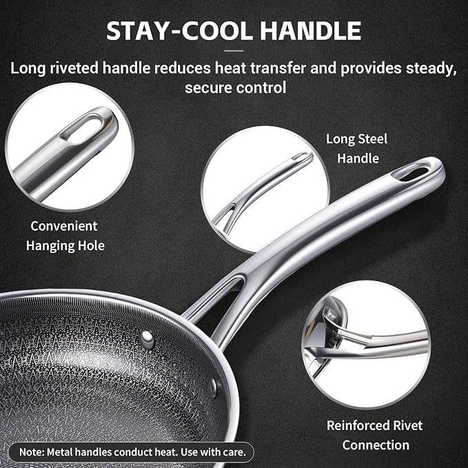 Ammeloo Hybrid Tri-Ply Stainless Steel Frying Pan Set, 8"/9.5"/11" Cooking Pans, Non Stick Frying Pans and Skillets, Chef Pan, Non Toxic, Dishwasher Safe, Induction Compatible, Black Interior