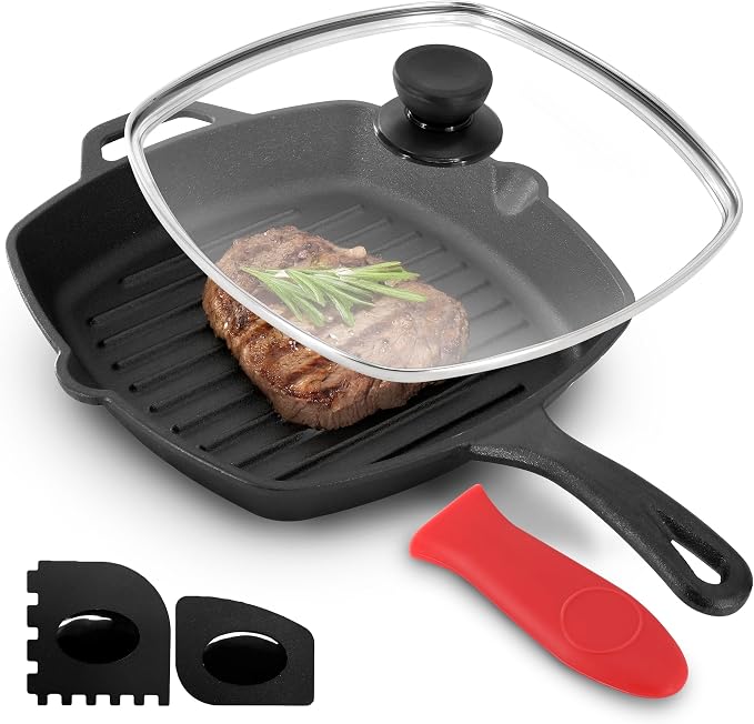 Megachef 10.4 Inch Pre-Seasoned Cast Iron Griddle with Tempered Glass Lid