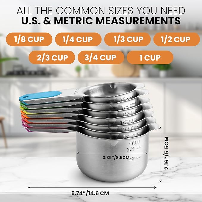 Spring Chef Magnetic Stainless Steel Measuring Cups Set of 7 Patented, Neon | Metal Measuring Cups for Measuring Dry or Liquid Ingredients, Easy to Read Markings, Dishwasher Safe Nesting Magnetic Cups
