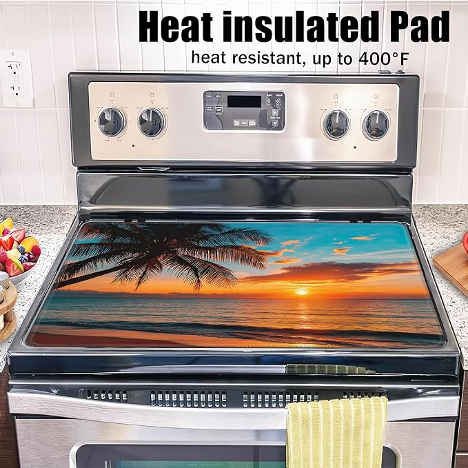 Stove Top Covers for Electric Stove,Summer Beach Sunset Flat Top Stove Cover,Coconut Tree Heat Resistant Glass Top Stove Cover Protector Anti-Slip Range Covers, 28 x 20 Inch