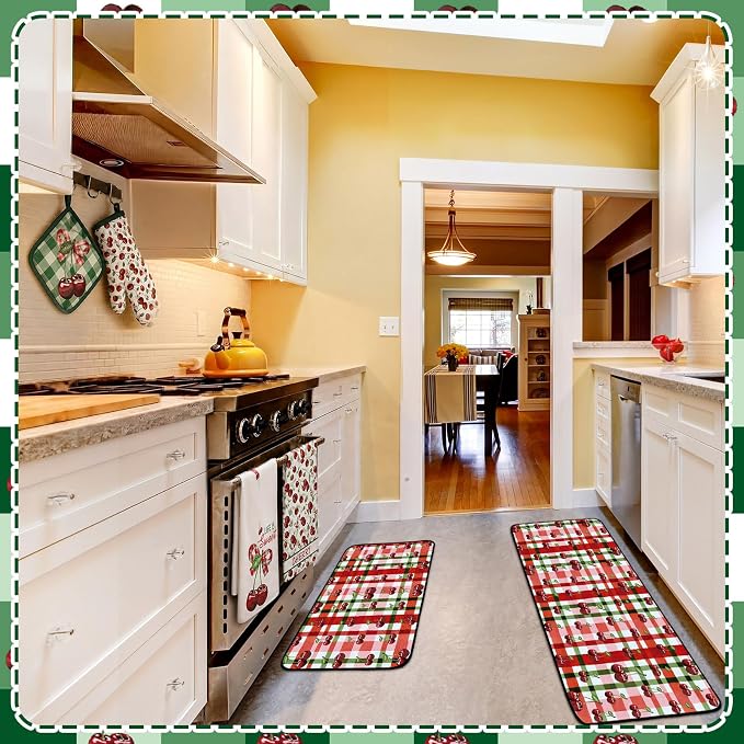 Fourluoo 10 Pcs Cherry Kitchen Decor and Accessories Set Cherry Kitchen Towels and Rugs Pot Holders Oven Mitts Set for Cooking Baking Mom Housewarming Gifts
