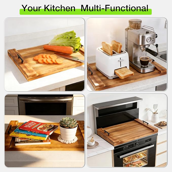 Noodle Board Stove Cover with Handles 30" X 22" For Electric Gas Stove Top | Wood Stove Top Covers, Multifunctional, Pine Wood, Serving Tray with Handles