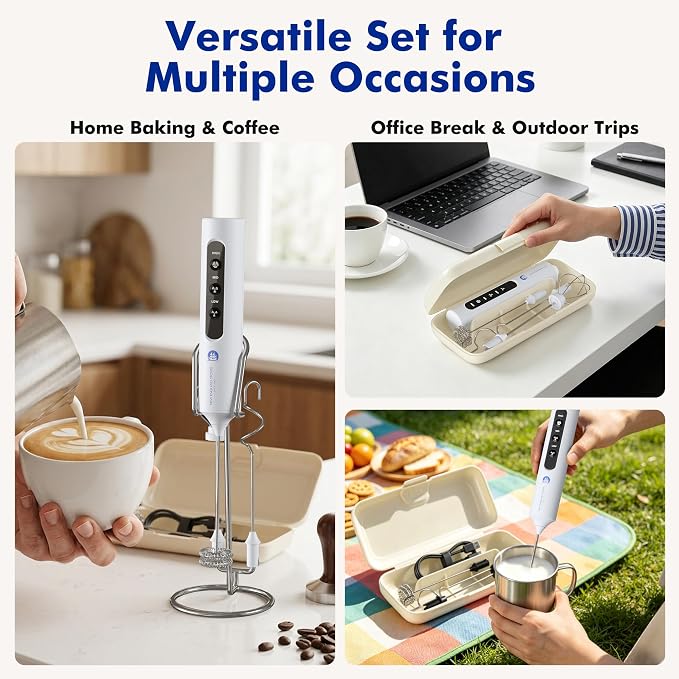 Rechargeable Milk Frother with Stand, 4 Interchangeable Whisks & Travel Case – Handheld Mixer for Lattes, Matcha, Hot Chocolate, Eggs & Protein Shakes