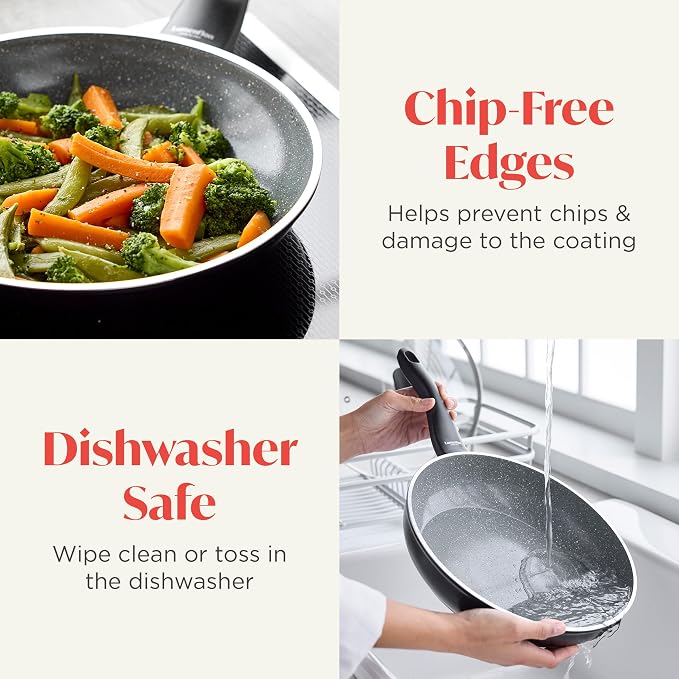 Rigoletto 8” Nonstick Frying Pan Skillet, Made in Italy, Layered Ceramic PFAS-Free Surface, Induction Ready, Dishwasher & Metal Utensil Safe, Granite Finish, Stay-Cool Handle, Black