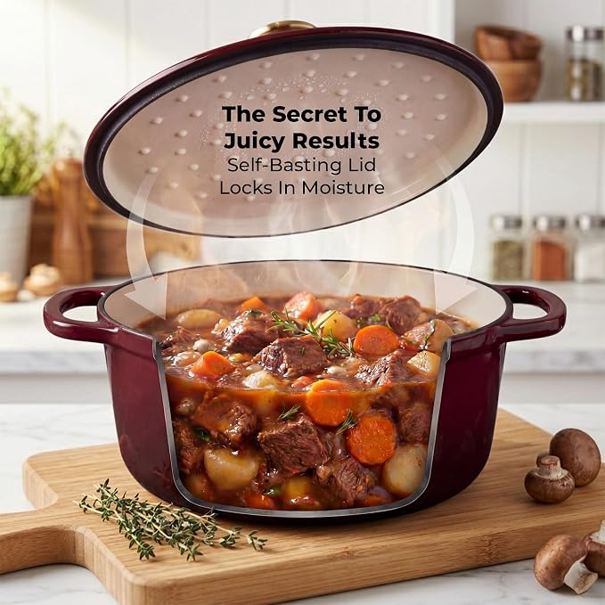 Zulay Kitchen 6.4QT Enameled Cast Iron Dutch Oven Pot with Lid, Heavy-Duty Soup Pot for Stews, Braising, Roasting & Sourdough Bread Baking, Oven Safe up to 500°F – Garnet