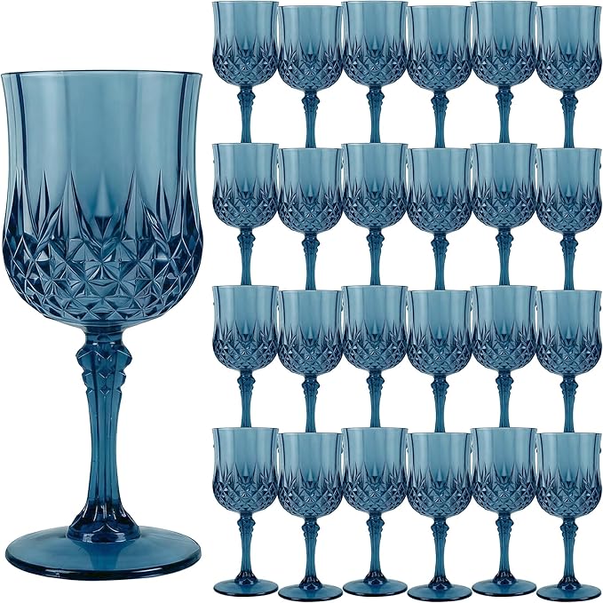 24Pack Plastic Wine Glasses, 7oz Vintage Goblets for Wedding | Unbreakable Crystal Style Reusable Stemware, Elegant Navy Blue Drinking Glass for Party Anniversary & Holiday Celebration