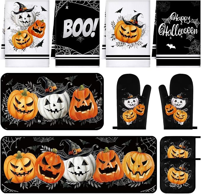 Fanfanwin 10 Pcs Halloween Kitchen Decor Accessories Set Gothic Pumpkin | Halloween 4 Kitchen Towels 2 Pot Holders 2 Oven Mitts 2 Rugs for Baking Cooking BBQ Autumn Home Decor Holiday Gift
