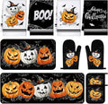 Fanfanwin 10 Pcs Halloween Kitchen Decor Accessories Set Gothic Pumpkin | Halloween 4 Kitchen Towels 2 Pot Holders 2 Oven Mitts 2 Rugs for Baking Cooking BBQ Autumn Home Decor Holiday Gift