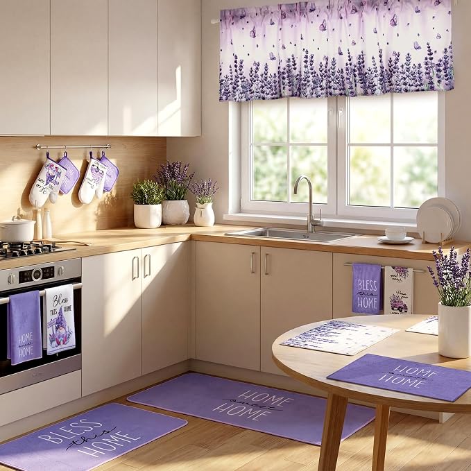 16 Pcs Lavender Kitchen Decor Set 4 Purple Kitchen Towels 4 Lavender Placemats 2 Non Slip Rugs and Mats for Floor 2 Spring Oven Mitts Gloves 2 Pot Holders 2 Floral Curtains for Home Decoration Gift