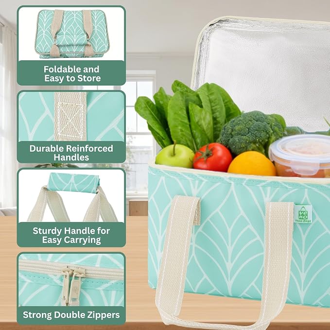 VENO 2 Pack Small Cooler Insulated Lunch Bag Reusable Grocery Shopping Bag | Collapsible Lunch Box Tote for Women Men w/ Handles, Dual Zippers, 9L Capacity for Work Office Picnic Beach (Evergreen)