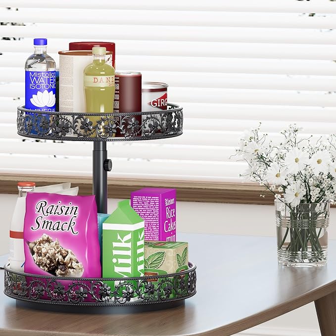 2 Tier Lazy Susan Organizer Turntable Height Adjustable, Black | 12 Inch Two Tier Lazy Susan,Metal Easy Assembly Spice Rack Organizer Rotating for Cabinet Dining Table Top Kitchen Countertop