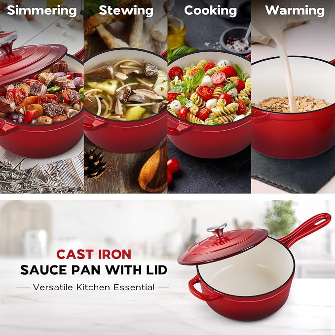 Onader Cast Iron Sauce Pan Pot, 3QT Small Saucepan with Lid, Enameled Cast Iron Dutch Oven Cooking Kitchen Pot, Nonstick & Heavy Duty – Red