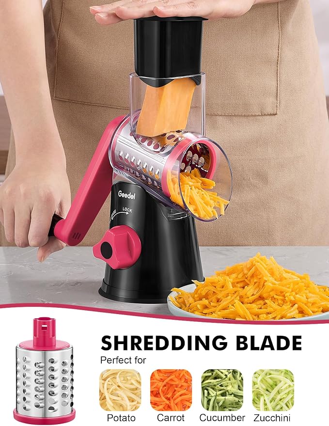 Geedel Rotary Cheese Grater Hand Crank, Cheese Shredder Vegetable Slicer | 3 Blades, 430 Stainless Steel, 12x Fast Cutting, Strong Suction Base, No BPA, Dishwasher Safe, for Cheese, Veggie, Nut