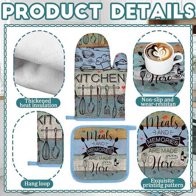 Fourluoo 10 Pcs Farmhouse Kitchen Decor and Accessories Dusty Blue Oven Mitts and Pot Holders Sets Vintage Dish Towels Rustic Kitchen Rugs and Mats for Home Decor Baking Cooking Birthday Summer Gifts