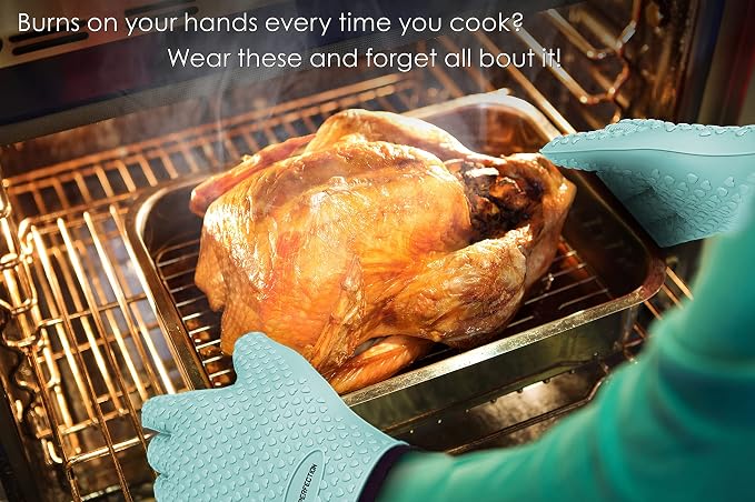 KITCHEN PERFECTION Silicone Smoker BBQ Gloves - Heat Resistant Oven Mitts | Waterproof, 5-Finger Design For A Better Grip, for Pitmasters, Meat Smoking, Grilling, Cooking, Frying Turkey | Grill Gift
