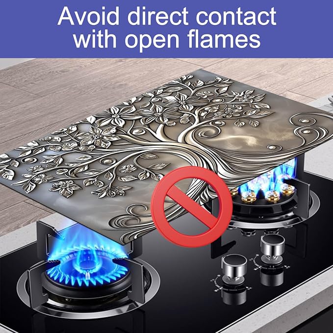 HOMETITUTE Silver Floral Tree Stove Top Cover 28x20 Embossed Diatomite Mat