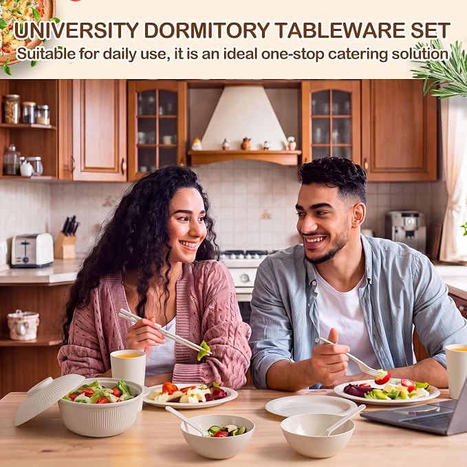 LemonRoad College Dorm Dishes Essential Kit 2 Sets Plastic Plates and Bowls 1 Set 40oz Microwave Cooker Ramen Bowl with Chopstick Spoon Fork Picnic Dinnerware Camping Set for College Dorm Room(Beige)