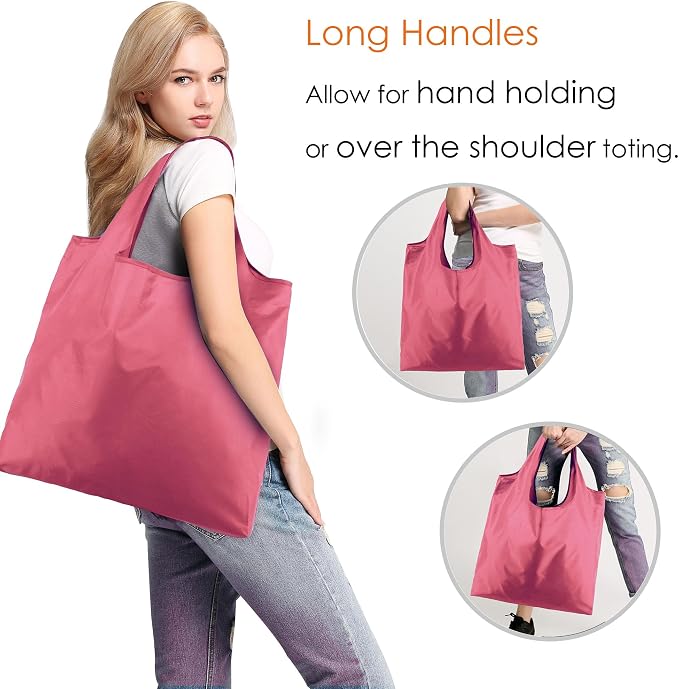 BeeGreen Pink Reusable Grocery Bags with Elastic Band Pink Reusable Shopping Bags Bulk 50LBS X-Large Foldable-Machine Washable-Heavy Duty 10 Pieces