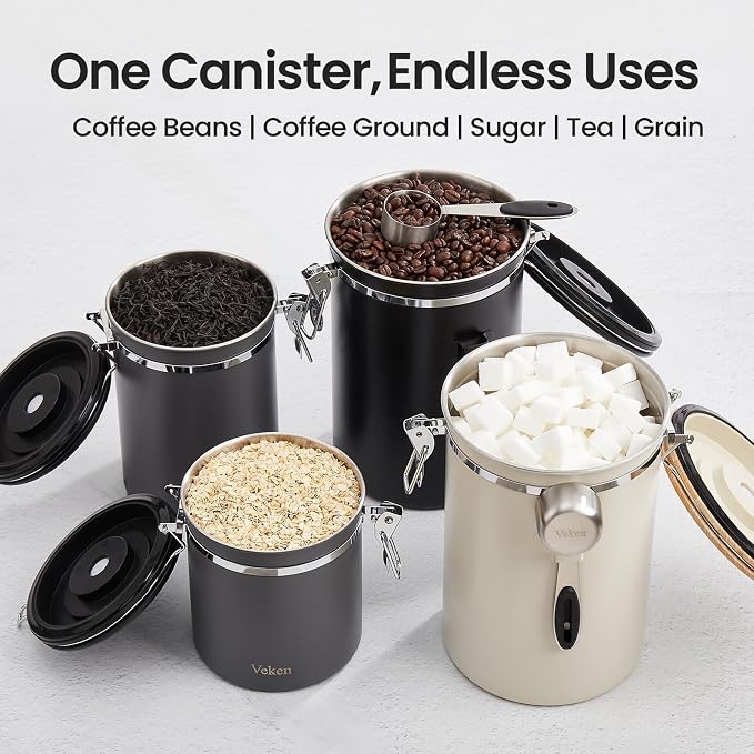 Veken Coffee Canister,39OZ, 2.2lbs,Large Airtight Stainless Steel Container | Gifts, Kitchen Food Storage Jars for Beans, Ground, Espresso, Rice, Tea, Sugar, Cereal, Cookie, Lids,Scoop,Cream