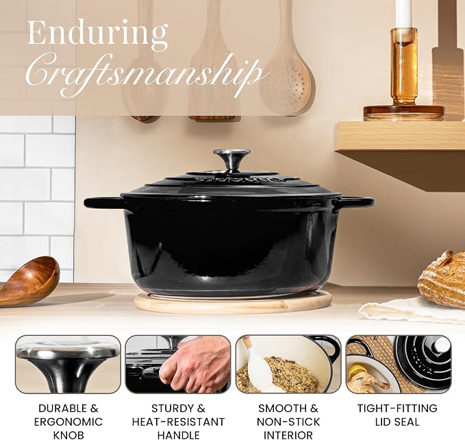 Cast Iron Dutch Oven with Lid - Non-Stick Ovenproof Enamelled Casserole Pot - Sturdy Dutch Oven Cookware - Black, 3.1-Quart, 22cm- by Nuovva