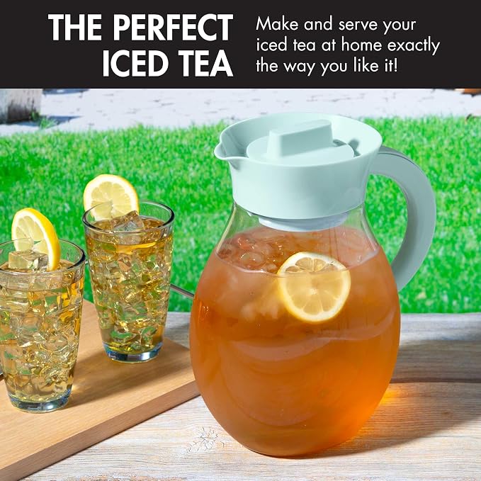Primula The Big Iced Tea Maker and Infuser, Plastic Beverage Pitcher with Leak Proof, Airtight Lid, Fine Mesh Reusable Filter, Made without BPA, Dishwasher Safe, Aqua