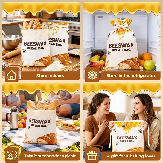OHIYO Beeswax Bread Bags for Homemade, Reusable Natural Beeswax Sourdough Bread Bags Freshness Keeper for Homemade, Bakery Essentials, Bread Box (2 Pack)