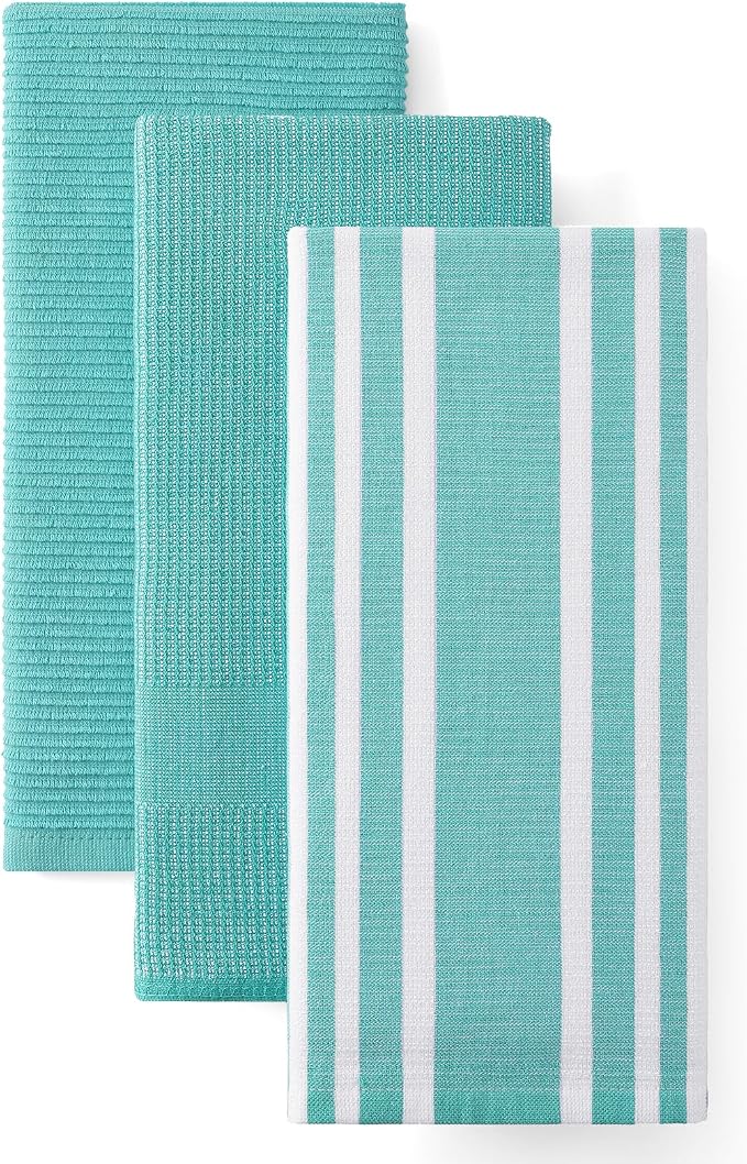Homaxy Cotton 380 GSM Premium Kitchen Towels, 18"x 28", 3 Pack, Teal | Soft and Absorbent Terry Dish Towels, Multipurpose Tea Towel Set with Hanging Loop, 3 Styles Kitchen Hand Towels