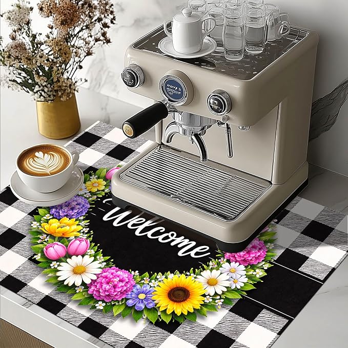 HOMETITUTE Spring Stove Top Covers for Electric Stove 28x20 Inches Welcome Floral Ring Buffalo Plaid Glass Cooktop Protector Pad Decorative Stovetop Cover Dish Drying Mats for Kitchen Decor