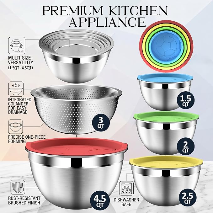 DUTZUN Colorful Mixing Bowls with Strainer, Mixing Bowl with Lids Set, Stainless Steel Mixing Bowls, Kitchen Gadgets Salad Bowls with Strainer for Mixing & Preping & Serving
