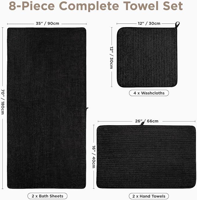 8 Piece Bath Towels Set, 2 Oversized 35 * 70 in Bath, 2 Hand, 4 Wash | Luxury Soft Microfiber, Super Absorbent Thick, Quick Dry, Shower Towels for Bathroom, Spa & Hotel, Black