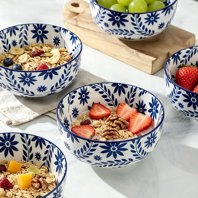 Cereal Bowls Set of 6, 28 Ounces Soup Bowls, Bohemian Ceramic Bowls for Rice, Salad, Oatmeal, Fruit, Large Bowl Set for Kitchen Decor, Microwave and Dishwasher Safe, Blue