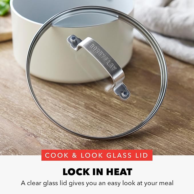 GreenPan x Bobby Flay 1.67QT Ceramic Nonstick Saucepan with Lid, Cream | PFAS-Free Diamond Ceramic Nonstick Chef Pan, Silicone Handle, Induction & All Stovetop Compatible, Dishwasher and Oven Safe