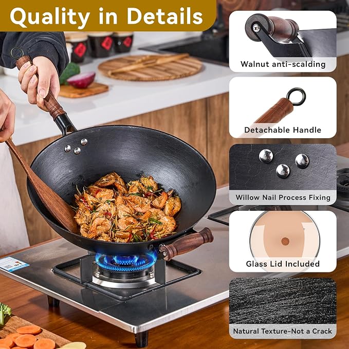 WANGYUANJI 13.4" Cast Iron Wok with Glass Lid, Flat Bottom | Uncoated cast iron wok with glass lid for stir-frying on induction, gas and electric stoves.