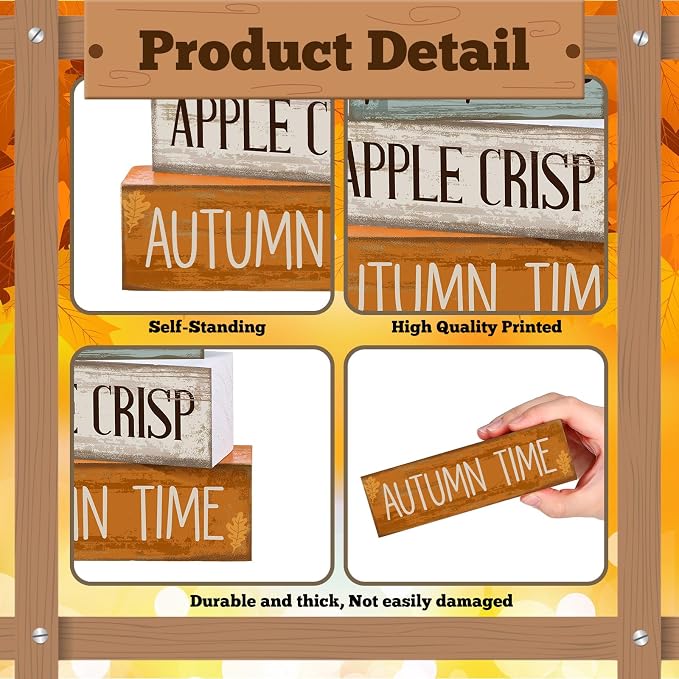 Lineshading 5 Pcs Fall Wood Block Signs Farmhouse Tabletop Decor Maple | Tiered Tray Decorations for Home, Stackable Wooden Blocks, Autumn Harvest Theme with Pumpkins Apple Crisp Text, Rustic