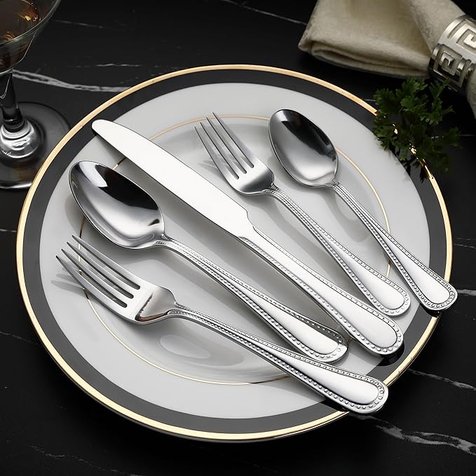 Amazon Basics Silverware Set, Stainless Steel Flatware, Dishwasher Safe, Easy to Clean, Service for 4, 20-Piece Forks and Spoons, Pearled Edge