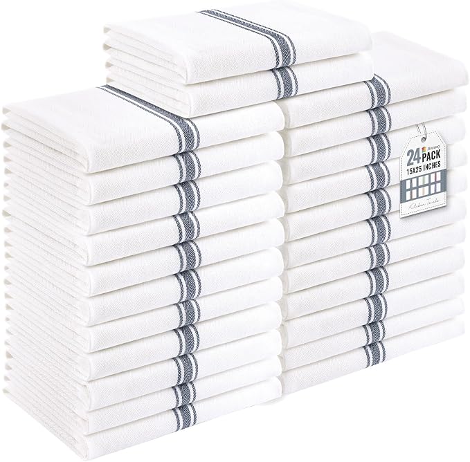 Homaxy 100% Ring Spun Cotton Kitchen Towels 24 Pack, Slate Gray Stripe | 15 x 25 Inch, Highly Absorbent Dish Towels for Kitchen Drying, Reusable Cleaning Cloths, Soft Tea Towels with Hanging Loop