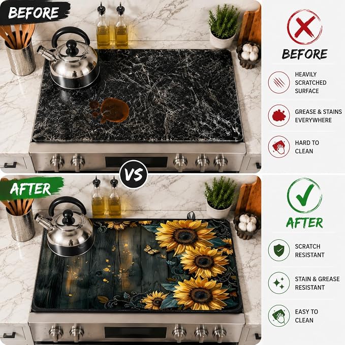 Electric Stove Top Cover for Glass Top, Sunflower Farmhouse Decor – Heat Resistant Flat Stove Top Covers, Decorative Scratch Protector Mat for Glass Ceramic Cooktop, Non-Slip, 28"x20"