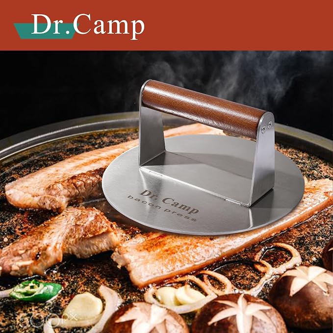 Dr.Camp 7 Inch Stainless Steel Smash Burger Press Burger Smasher Bacon Press Meat Press for Griddle Flat Top Grill with Solid Wood Handle Smooth Bottom Heavy Duty (Round)