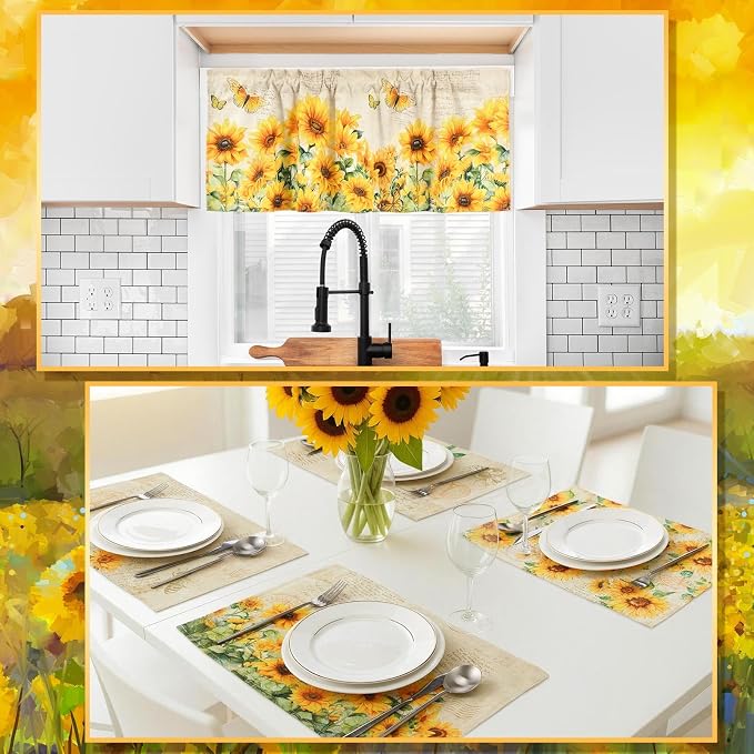 16 Pcs Farmhouse Sunflower Kitchen Decor Set 4 Kitchen Towels 2 Non Slip Rugs and Mats for Floor 4 Placemats 2 Curtains 2 Rustic Oven Mitts Gloves 2 Pot Holders for Home Decor Mom Cooking Gift