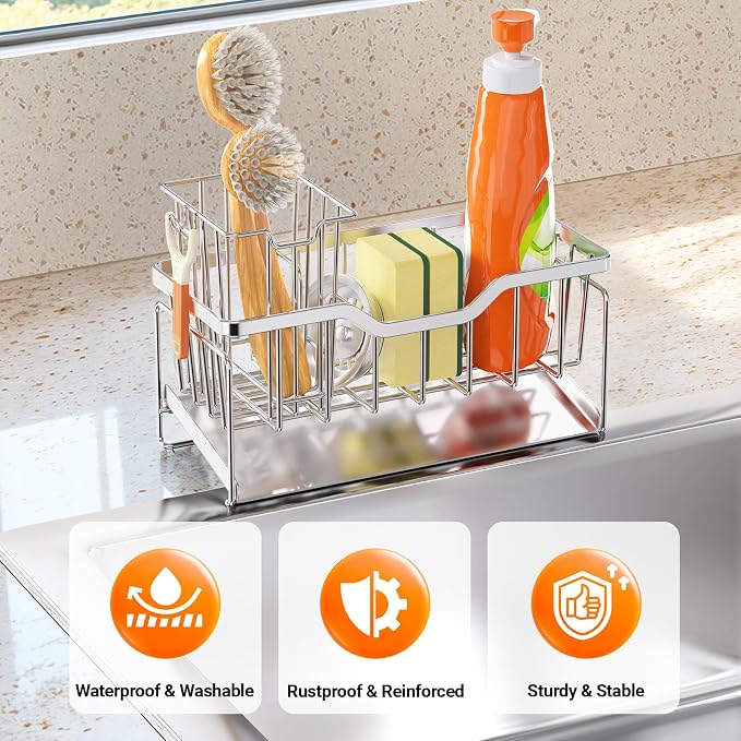 StorageRight Sponge Holder for Kitchen Sink, Sink Caddy Organizer, Silver | Rustproof Kitchen Sink Organizers with High Brush Holder & Self Drain Tray, Anti-Slip Kitchen Countertop Storage Essentials