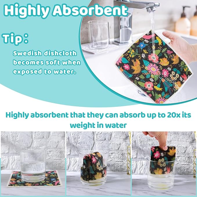 6 Pack Swedish Dishcloths for Kitchen, Absorbent Retro Bird Dish Cloths | Swedish Rags Dish Towels with Adhesive Clips, Reusable Paper Towels No Odor for Countertop Dishes Kitchen