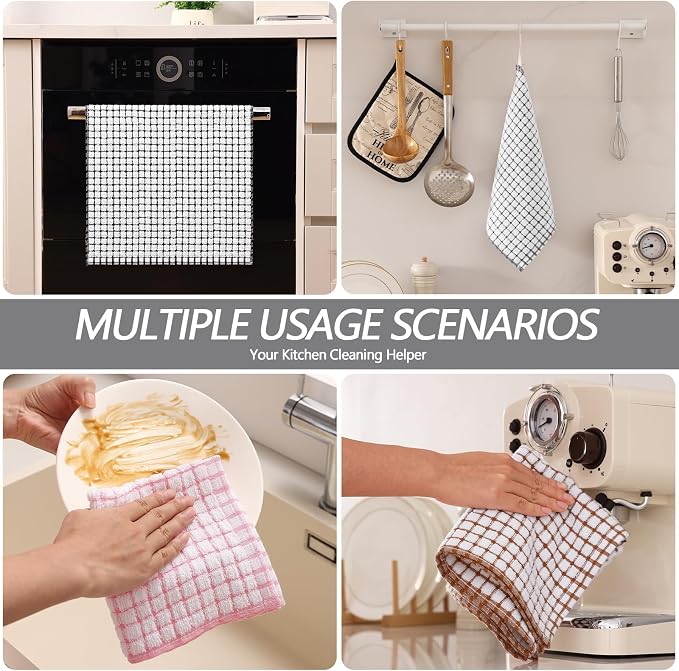 Homaxy Kitchen Towels and Dishcloths Set, Set of 8, Black/Grey/Pink/Brown | Cotton Terry Kitchen Dish Towels, Super Soft and Absorbent Dish Cloths, 16 x 25 and 12 x 12 Inches